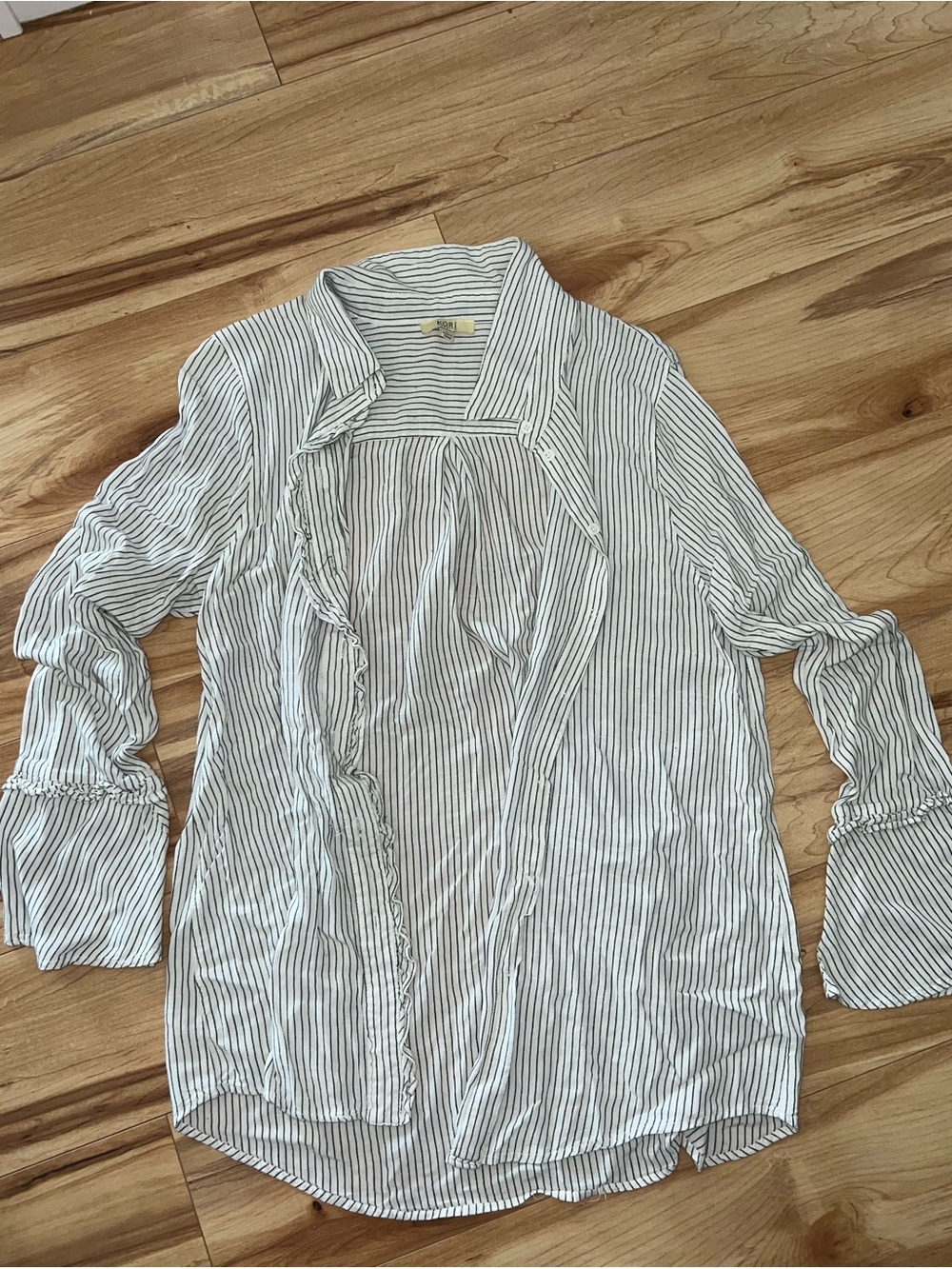 Kori White and Navy Vertical Stripe Button-Down Blouse